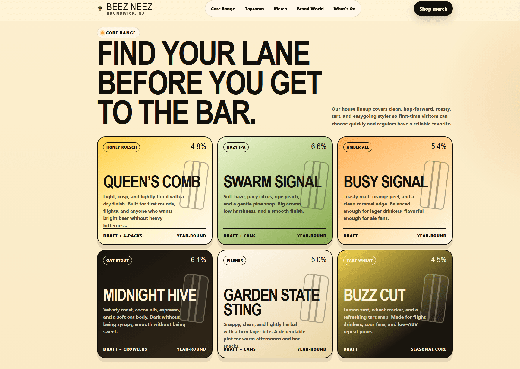 A brewery site with bold typography and color-coded product cards