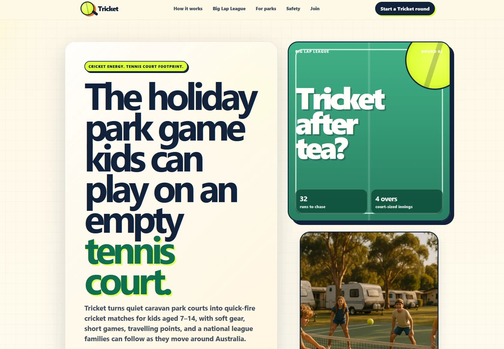 Tricket, a real published Webese site for a caravan-park cricket league, live at its own webese.ai address