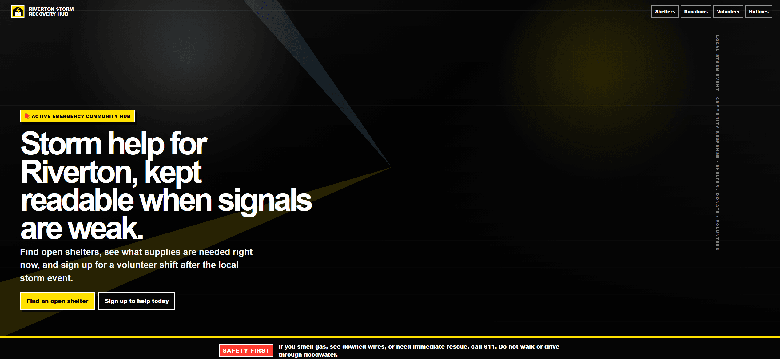 A dark, high-contrast community emergency information hub