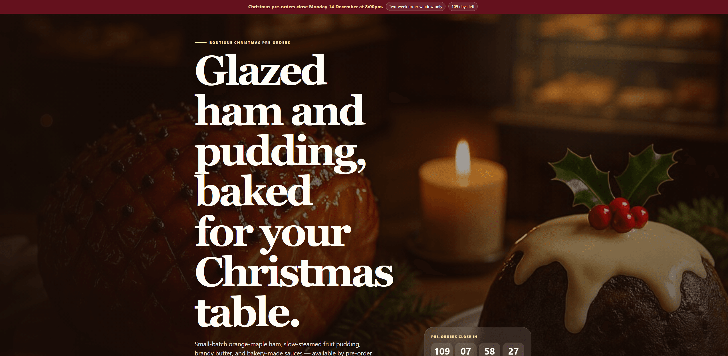 A moody, photo-led seasonal bakery pre-order site