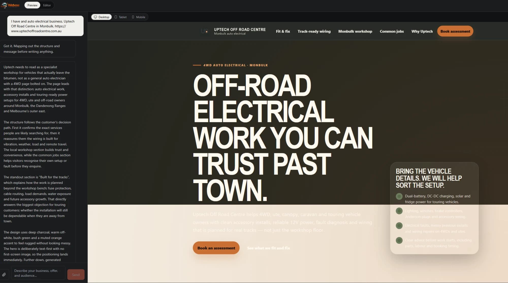 The Webese build screen: a real conversation about Uptech Off Road Centre, a 4WD auto electrical business, on the left, the resulting draft site on the right