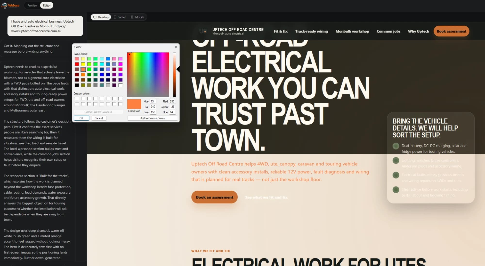 The Webese editor with the headline's colour picker open, mid-edit on a real generated site