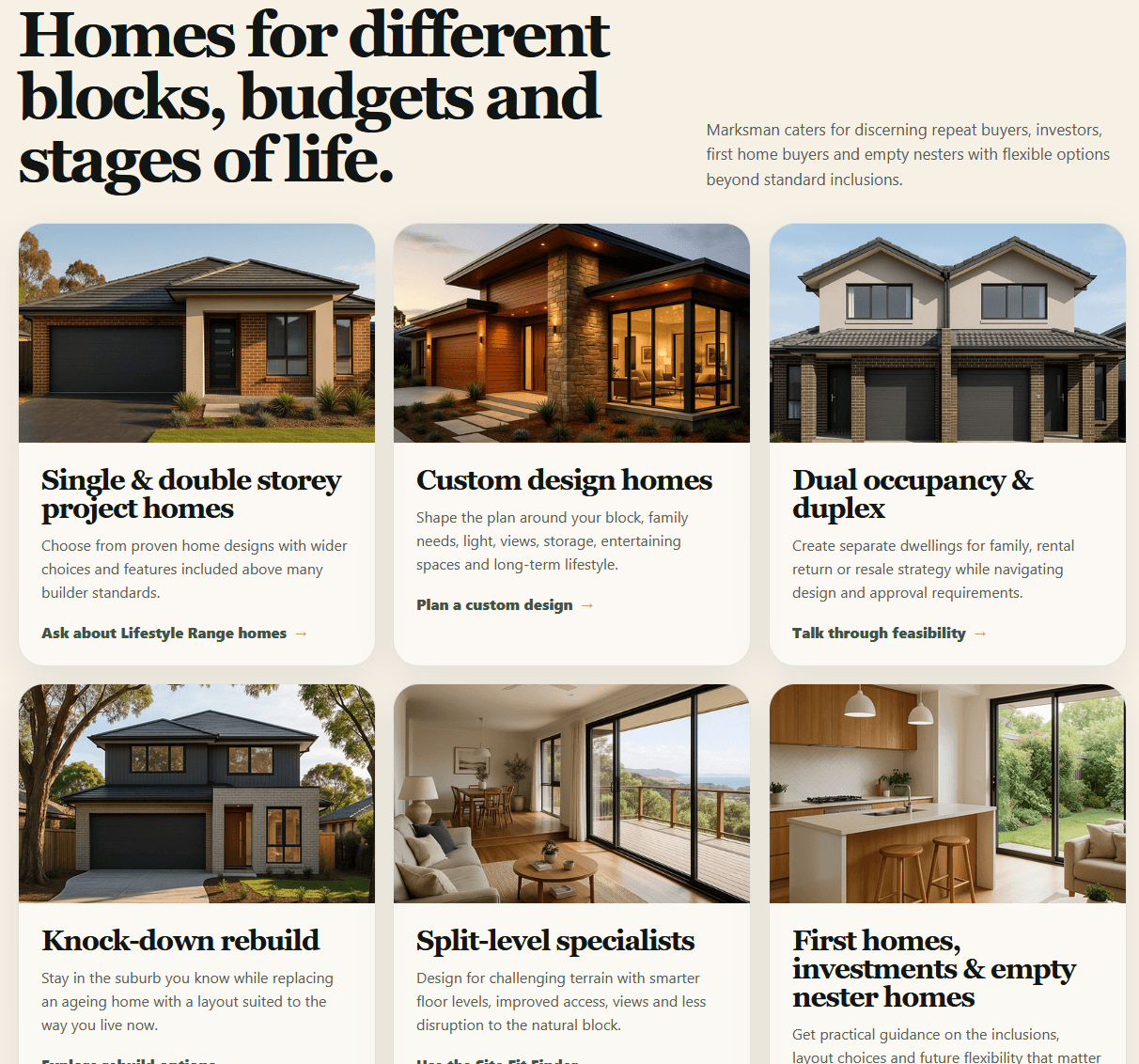 A home builder site with a photo grid of house styles