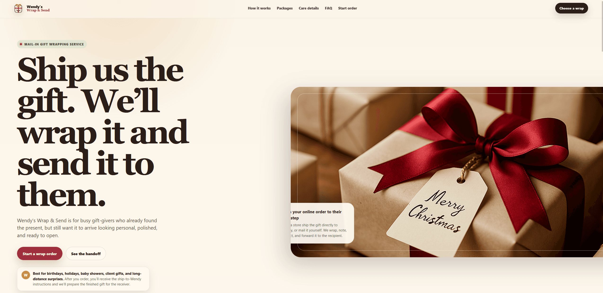 A warm, editorial gift-wrapping and shipping service site